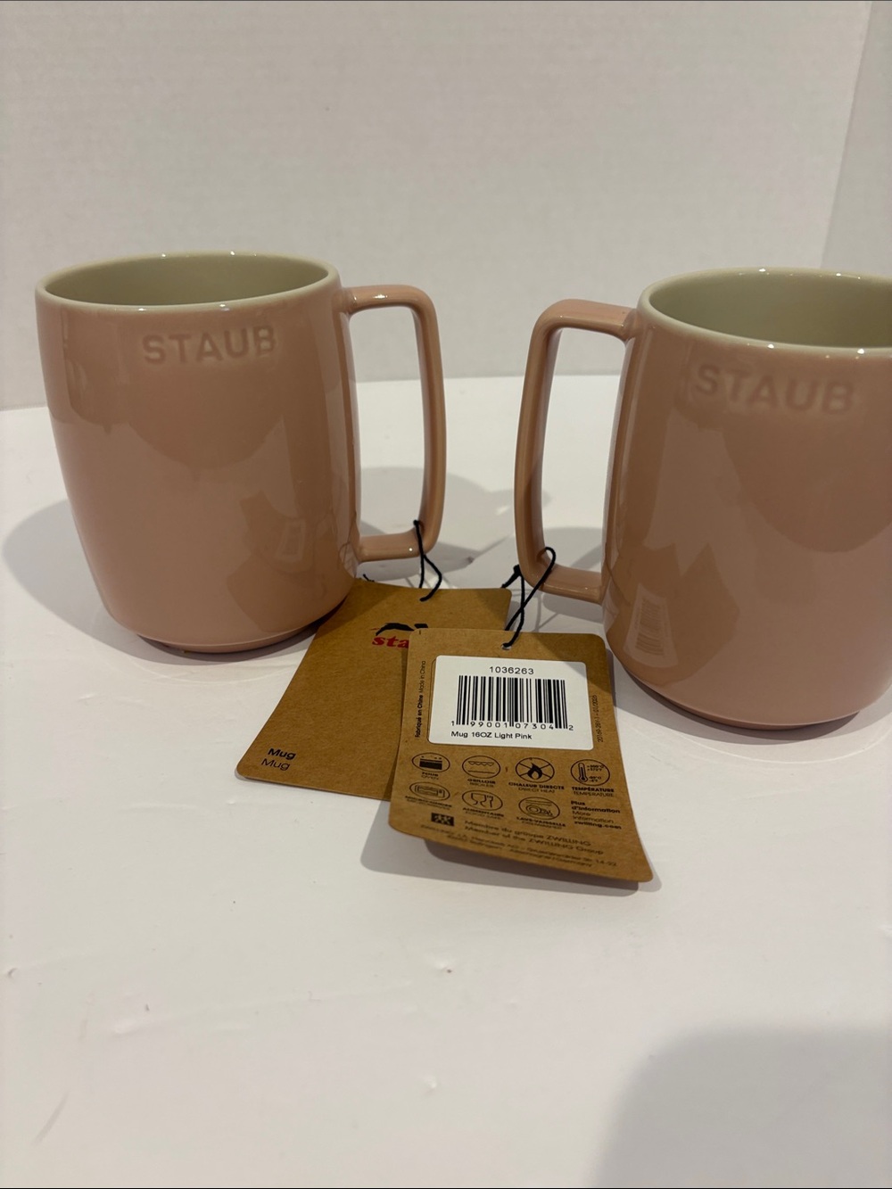 Staub Light Pink Glazed Stoneware 16 oz Mug Set of two brand new